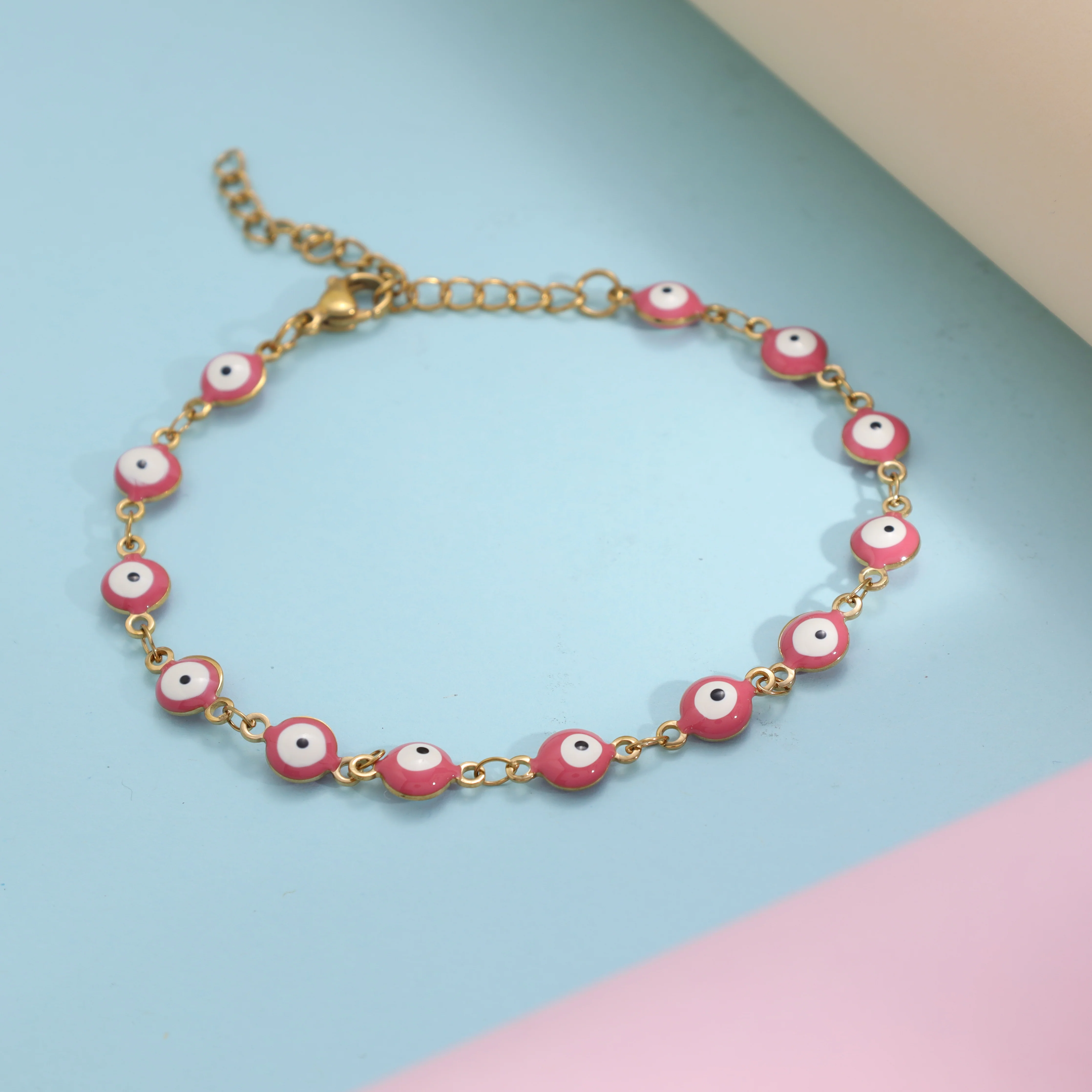Damen Armband Evil eye Pink 2mm aus Edelstahl - Vergoldet - Image 2