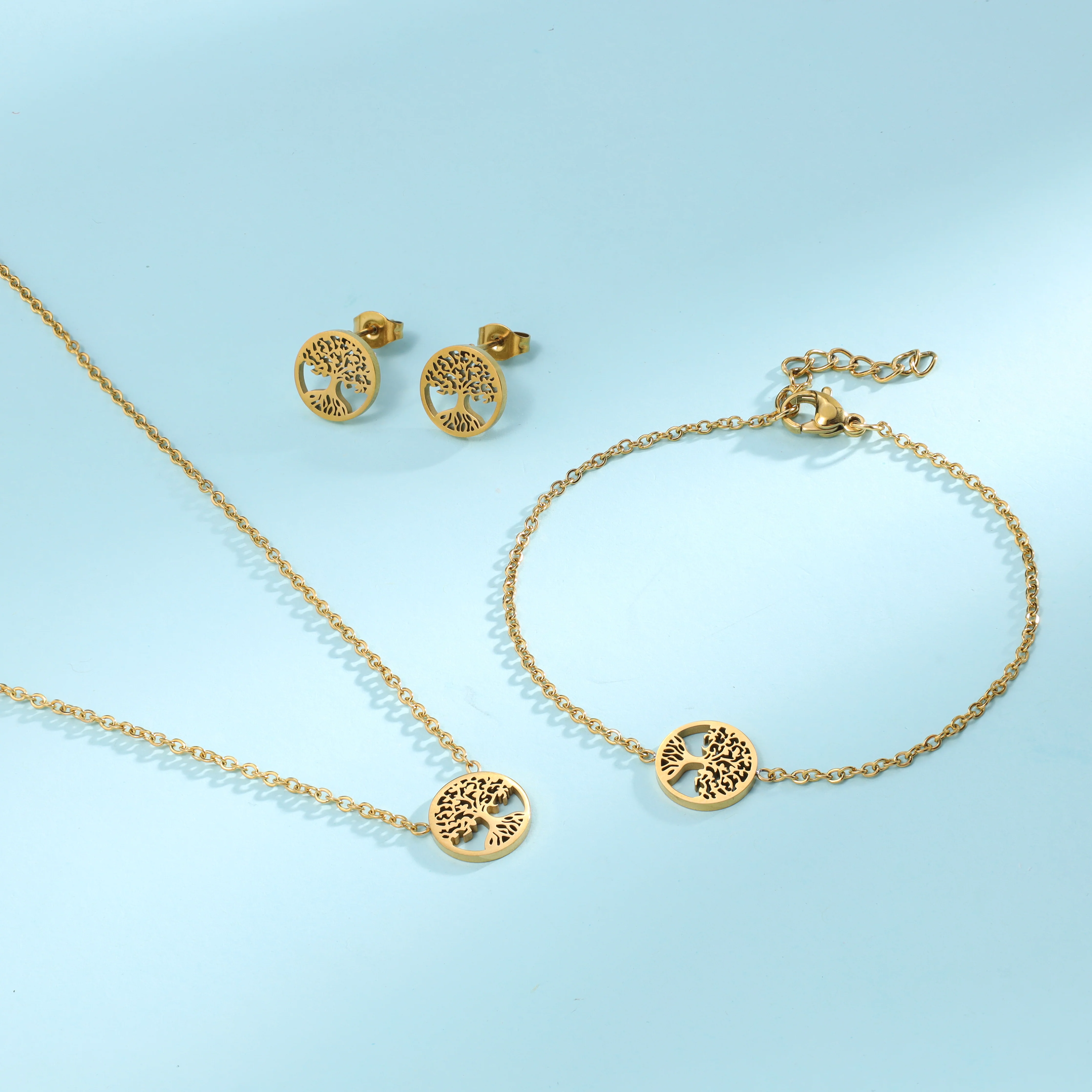 Damen Set Ankerkette Baum des Lebens Anhänger , Ohrringe & Armband aus Edelstahl - Vergoldet - Image 2