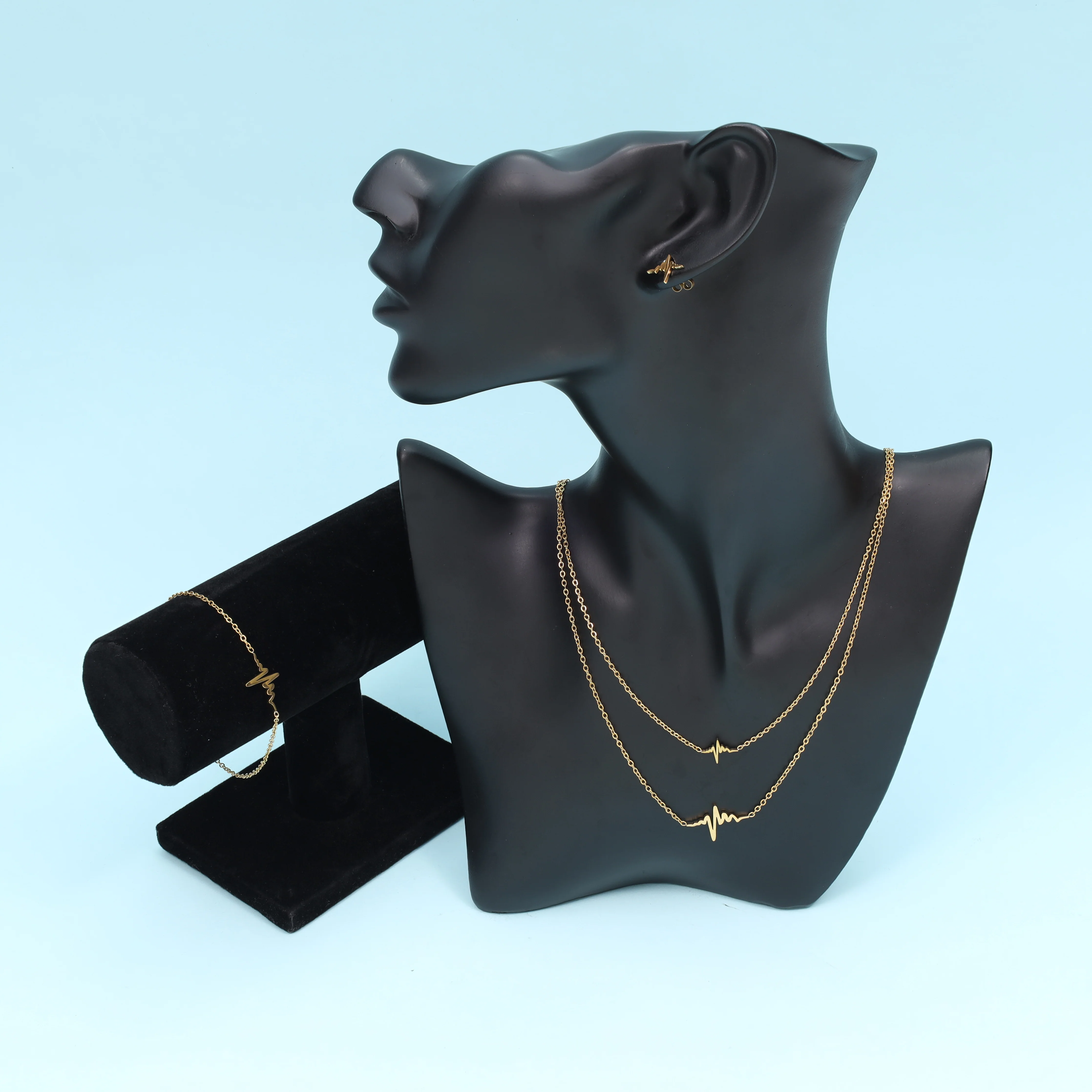 Damen Set Ankerkette Herzschlag Anhänger, Ohrringe & Armband aus Edelstahl - Vergoldet - Image 3