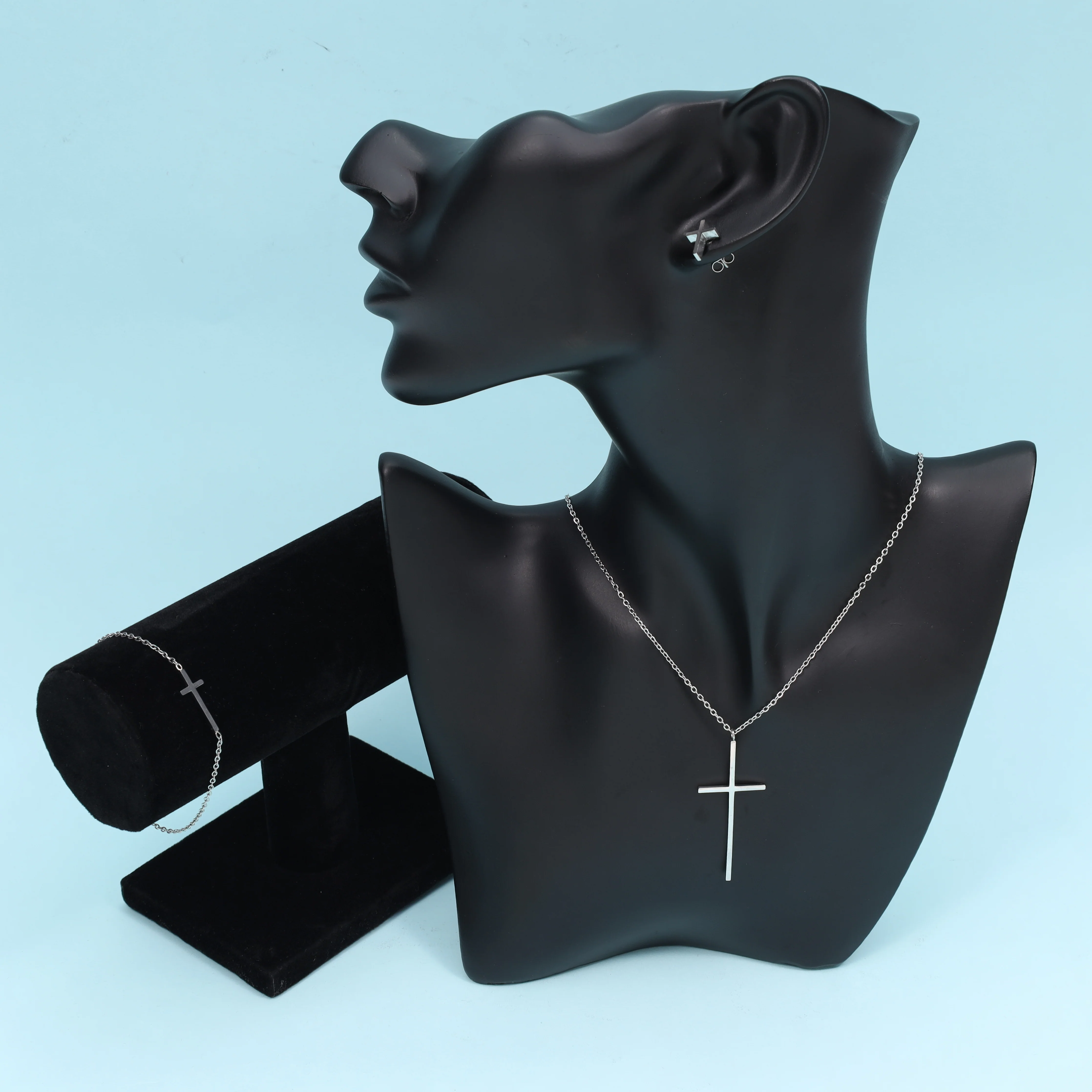 Damen Set Ankerkette mit Kreuz Anhänger, Ohrringe, Armband aus Edelstahl - Image 3