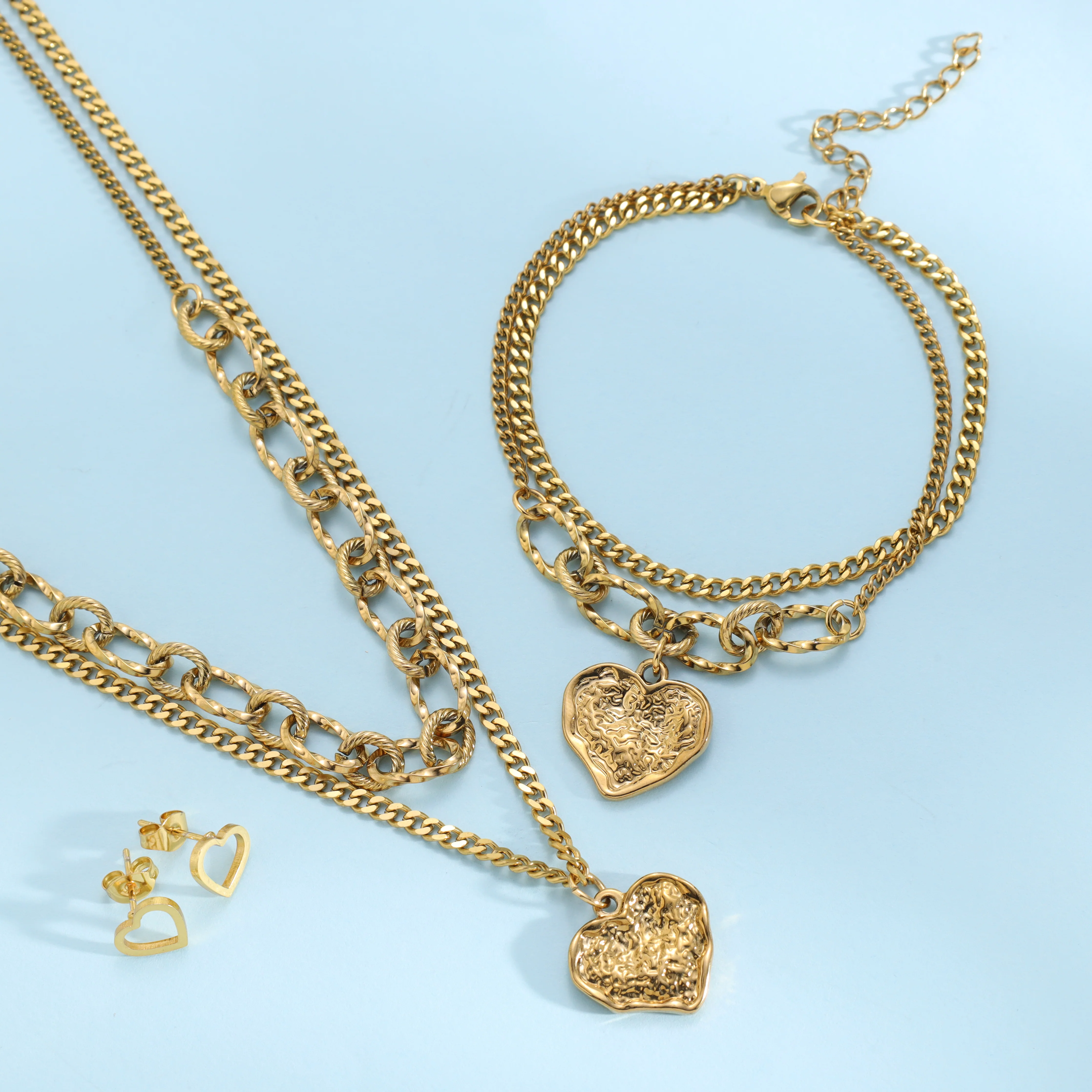 Damen SET Panzerkette + Armbander + Ohrringe mit hertz Anhänger aus Edelstahl Vergoldet - Image 2
