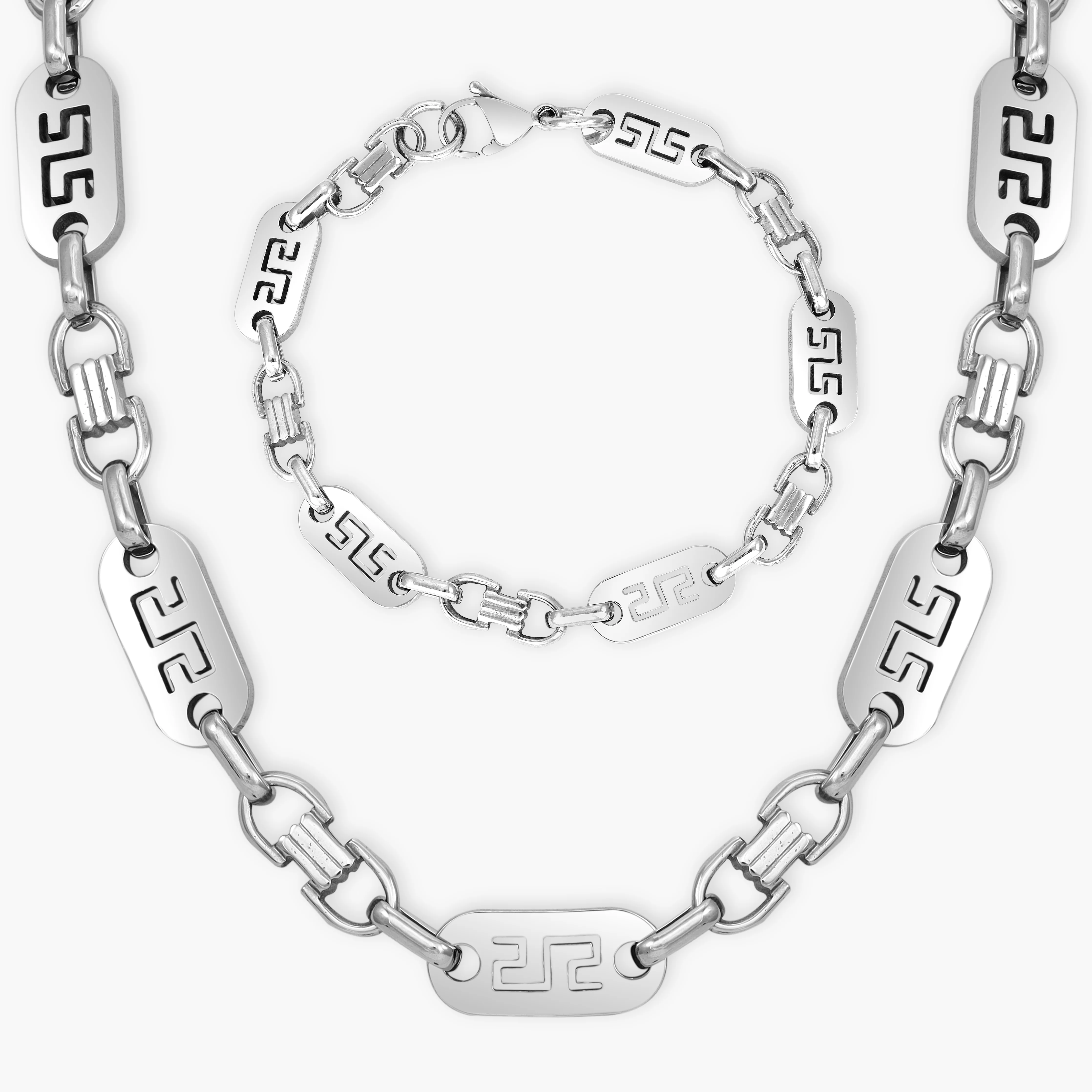 Set Plattenkette Greek Design 8mm breit aus Edelstahl